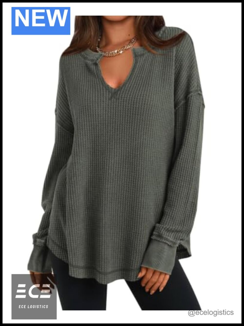 Waffle Knit Long Sleeve Tunic Top Loose Fit V Neck Drop Shoulder